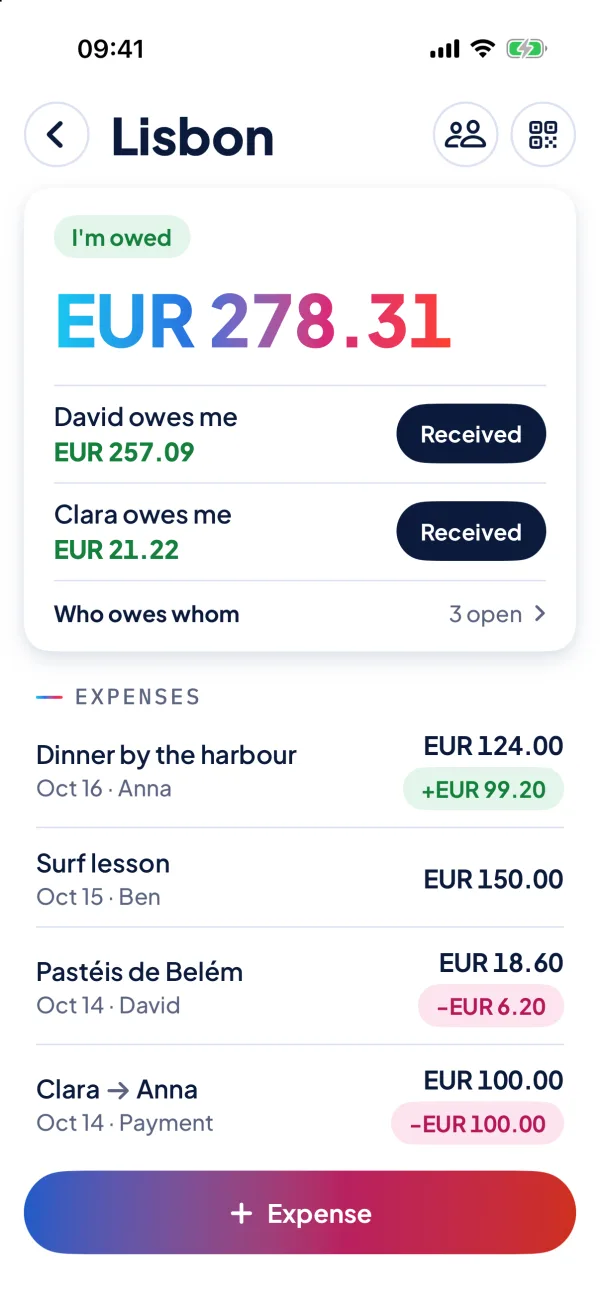 A group in NanoSplit: your balance on top, the expenses below.