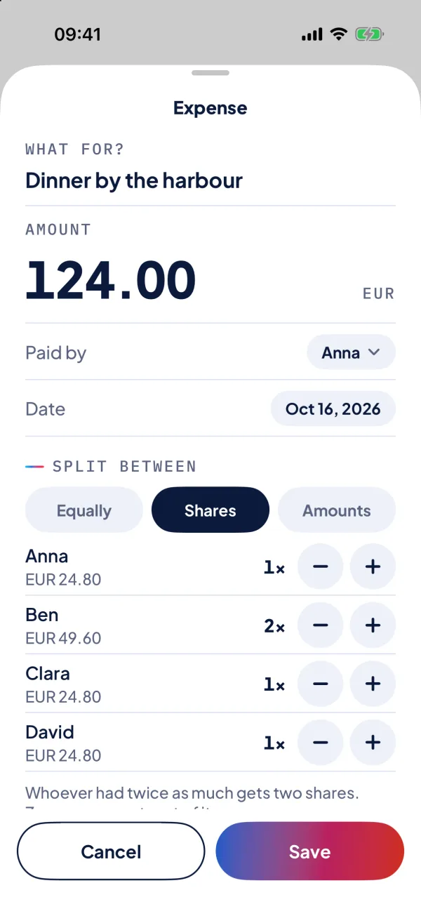 Adding an expense: amount, who paid, for whom.