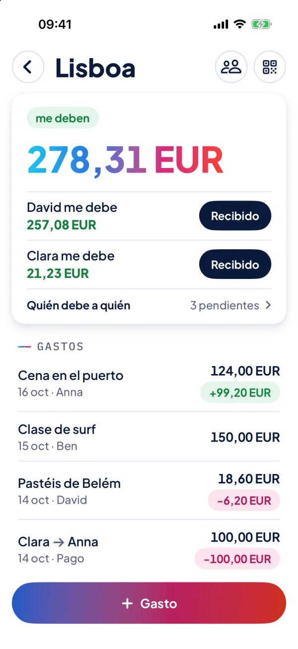 Un grupo en NanoSplit: arriba tu saldo, debajo los gastos.