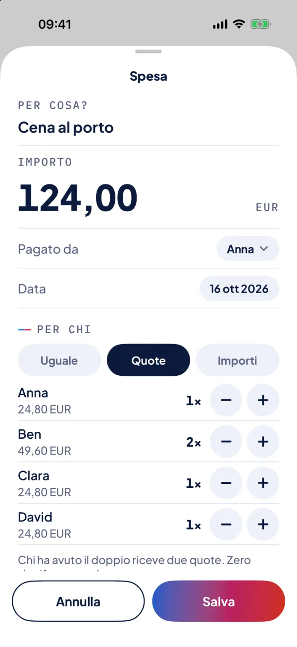 Inserire una spesa: importo, chi ha pagato, per chi.