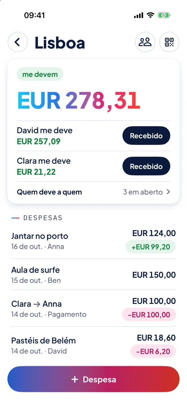 Um grupo no NanoSplit: em cima o seu saldo, embaixo as despesas.