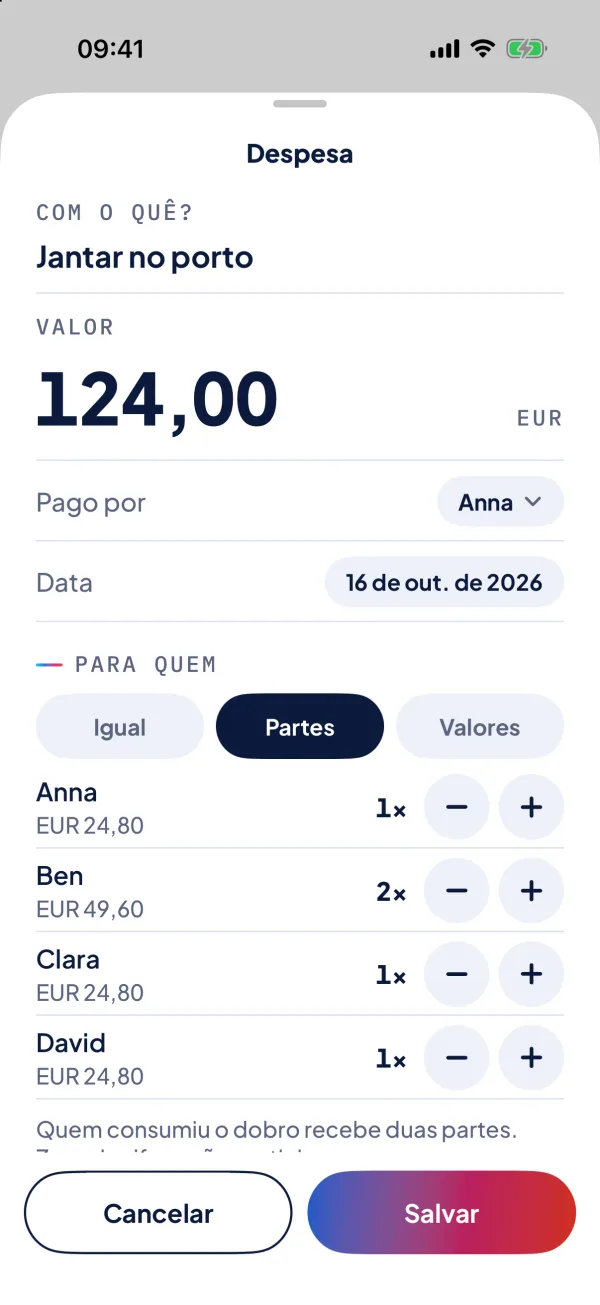 Registrar uma despesa: valor, quem pagou, para quem.
